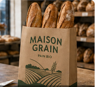 Maison Grain branded paper bakery bag with baguettes