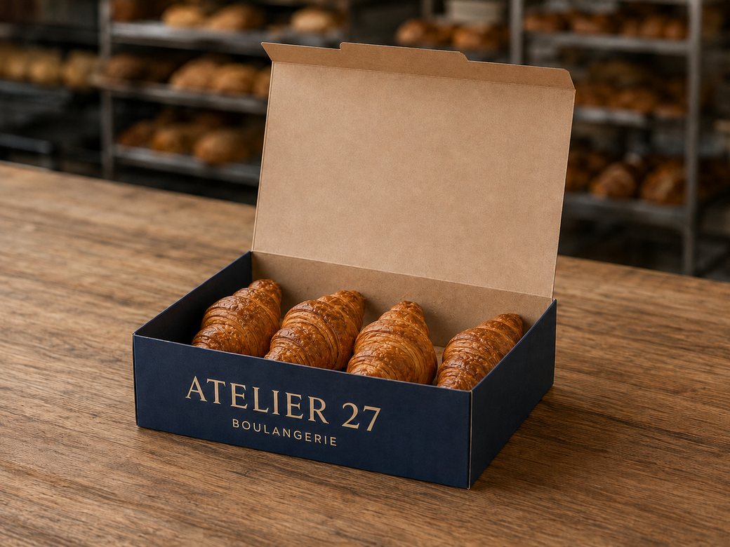 Navy and gold Atelier 27 branded pastry box